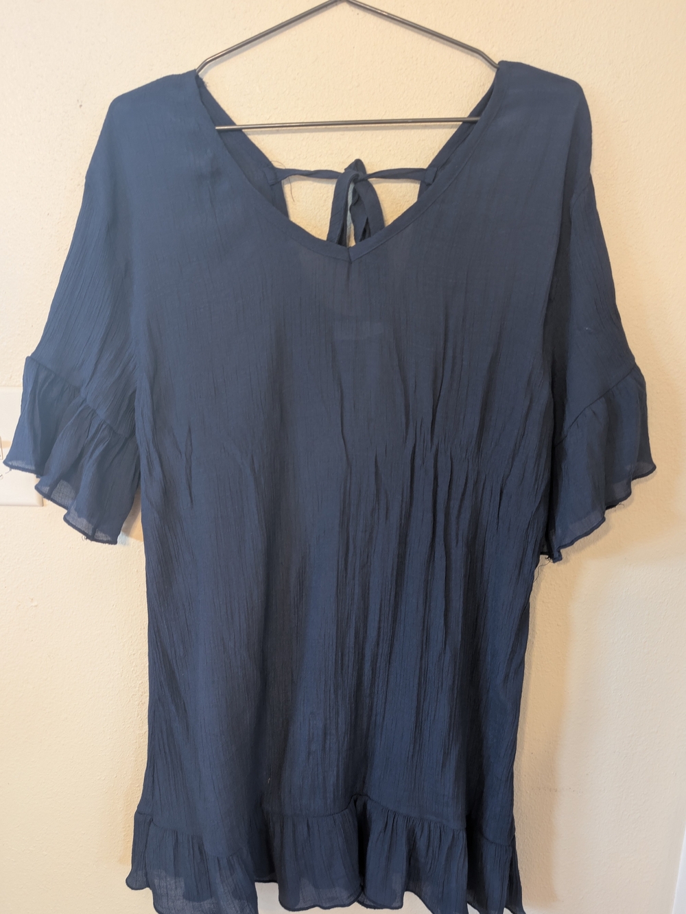 Women’s Navy Blue Ruffle-Hem Mini Dress with V-Neck Tie Back